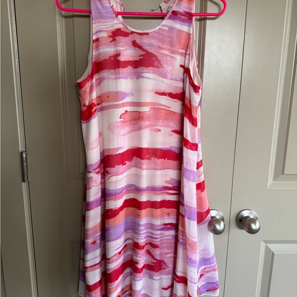 Calvin Klein Shift Dress Print Red Pink Purple Lined Sleeveless Keyhole - Picture 3 of 5